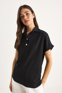 Kadın Polo Yaka Oval Etek Uçlu Rahat T-Shirt 4070 60283402 - Siyah