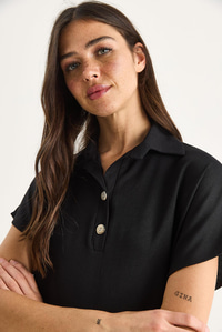 Kadın Polo Yaka Oval Etek Uçlu Rahat T-Shirt 4070 60283402 - Siyah