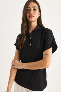 Kadın Polo Yaka Oval Etek Uçlu Rahat T-Shirt 4070 60283402 - Siyah