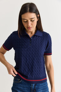 Kadın Polo Yaka Saç Örgü Desenli Kısa Kollu Triko Bluz 2903 60286569 - Lacivert BLUZ modelleri