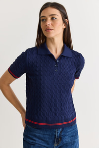 Kadın Polo Yaka Saç Örgü Desenli Kısa Kollu Triko Bluz 2903 60286569 - Lacivert BLUZ modelleri
