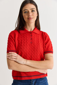 Kadın Polo Yaka Saç Örgü Desenli Kısa Kollu Triko Bluz 2903 60286569 - Kırmızı BLUZ modelleri