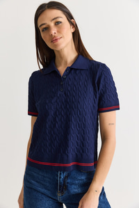 Kadın Polo Yaka Saç Örgü Desenli Kısa Kollu Triko Bluz 2903 60286569 - Lacivert BLUZ modelleri