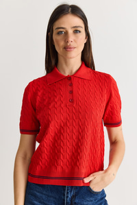 Kadın Polo Yaka Saç Örgü Desenli Kısa Kollu Triko Bluz 2903 60286569 - Kırmızı BLUZ modelleri