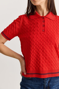 Kadın Polo Yaka Saç Örgü Desenli Kısa Kollu Triko Bluz 2903 60286569 - Kırmızı BLUZ modelleri