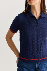 Kadın Polo Yaka Saç Örgü Desenli Kısa Kollu Triko Bluz 2903 60286569 - Lacivert BLUZ modelleri