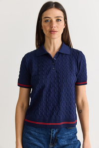 Kadın Polo Yaka Saç Örgü Desenli Kısa Kollu Triko Bluz 2903 60286569 - Lacivert BLUZ modelleri