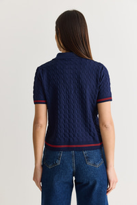 Kadın Polo Yaka Saç Örgü Desenli Kısa Kollu Triko Bluz 2903 60286569 - Lacivert BLUZ modelleri