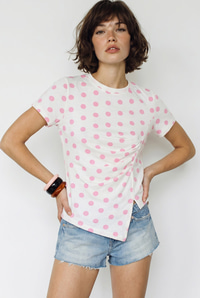 Kadın Puantiye Desenli Bisiklet Yaka Drapeli Asimetrik Kesim Bluz 2365 60286357 - Beyaz-Pembe BLUZ modelleri