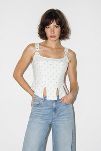 Kadın Puantiyeli İp Detaylı Korse Bluz 1111 60286337 - Beyaz-Mavi BLUZ modelleri
