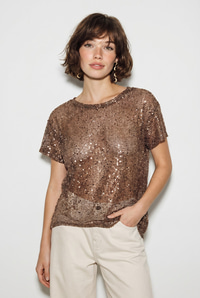 Kadın Pul Payet Detaylı File Oversize Bluz 4248 60286308 - Vizon BLUZ modelleri