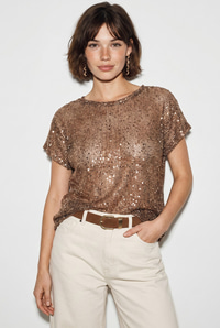 Kadın Pul Payet Detaylı File Oversize Bluz 4248 60286308 - Vizon BLUZ modelleri