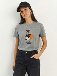 Kadın Rabbit Nakışlı İşlemeli Bisiklet Yaka Basic T-Shirt 7532 60283953 - Gri T-SHİRT modelleri