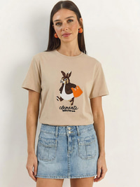 Kadın Rabbit Nakışlı İşlemeli Bisiklet Yaka Basic T-Shirt 7532 60283953 - Bej T-SHİRT modelleri
