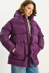 Kadın Regular Fit Kapüşonlu Fermuarlı Astarlı Cepli Şişme Mont 1400 60283685 - Mor DIŞ GİYİM modelleri