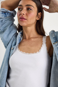 Kadın Regular Fit Normal Kalıp Pamuklu Dantel Detalı Ince Askılı Oyuk Yaka Atlet 60602043 - Beyaz
