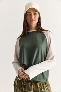 Kadın Regular Reglan Kol Renk Bloklu Uzun Kollu Sweatshirt 928 60286777 - Yeşil-Bej SWEATSHİRT modelleri