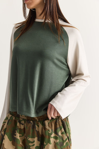 Kadın Regular Reglan Kol Renk Bloklu Uzun Kollu Sweatshirt 928 60286777 - Yeşil-Bej SWEATSHİRT modelleri