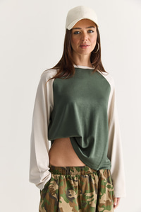 Kadın Regular Reglan Kol Renk Bloklu Uzun Kollu Sweatshirt 928 60286777 - Yeşil-Bej SWEATSHİRT modelleri