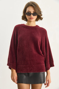 Kadın Sakallı Oversize Yumoş Yarasa Kol Triko Kazak 9036 60283635 - Bordo KAZAK modelleri