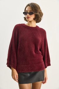 Kadın Sakallı Oversize Yumoş Yarasa Kol Triko Kazak 9036 60283635 - Bordo KAZAK modelleri