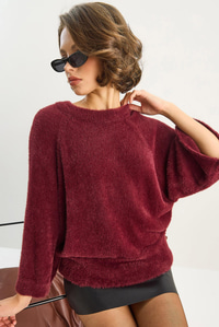 Kadın Sakallı Oversize Yumoş Yarasa Kol Triko Kazak 9036 60283635 - Bordo KAZAK modelleri