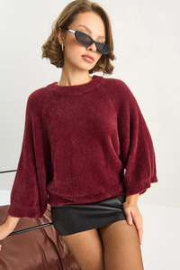 Kadın Sakallı Oversize Yumoş Yarasa Kol Triko Kazak 9036 60283635 - Bordo KAZAK modelleri