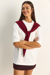 Kadın Şal Detaylı Oversize Basic T-Shirt 1094 60286118 - Beyaz-Bordo T-SHİRT modelleri