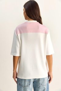 Kadın Şal Detaylı Oversize Basic T-Shirt 1094 60286118 - Beyaz-Pembe T-SHİRT modelleri