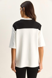 Kadın Şal Detaylı Oversize Basic T-Shirt 1094 60286118 - Beyaz-Siyah T-SHİRT modelleri