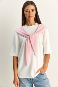 Kadın Şal Detaylı Oversize Basic T-Shirt 1094 60286118 - Beyaz-Pembe T-SHİRT modelleri