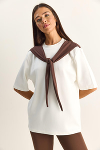 Kadın Şal Detaylı Oversize Basic T-Shirt 1094 60286118 - Beyaz-Kahve T-SHİRT modelleri