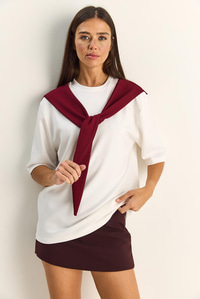 Kadın Şal Detaylı Oversize Basic T-Shirt 1094 60286118 - Beyaz-Bordo T-SHİRT modelleri