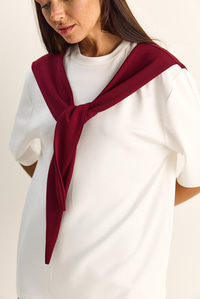 Kadın Şal Detaylı Oversize Basic T-Shirt 1094 60286118 - Beyaz-Bordo T-SHİRT modelleri