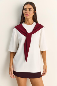 Kadın Şal Detaylı Oversize Basic T-Shirt 1094 60286118 - Beyaz-Bordo T-SHİRT modelleri