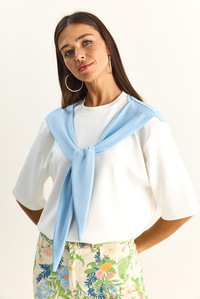 Kadın Şal Detaylı Oversize Basic T-Shirt 1094 60286118 - Beyaz-Bebe Mavi T-SHİRT modelleri