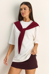 Kadın Şal Detaylı Oversize Basic T-Shirt 1094 60286118 - Beyaz-Bordo T-SHİRT modelleri