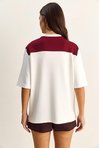Kadın Şal Detaylı Oversize Basic T-Shirt 1094 60286118 - Beyaz-Bordo T-SHİRT modelleri