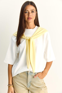Kadın Şal Detaylı Oversize Basic T-Shirt 1094 60286118 - Beyaz-Sarı T-SHİRT modelleri
