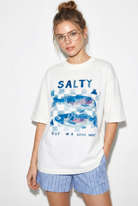 Kadın Salty Baskılı %100 Pamuk Bisiklet Yaka Oversize Basic T-Shirt ÖT261015 60286254 - Beyaz T-SHİRT modelleri