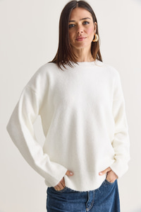 Kadın Şardonlu Bisiklet Yaka Oversize Triko Kazak 4761 60286705 - Beyaz KAZAK modelleri