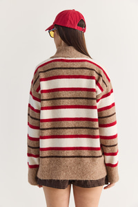 Kadın Şardonlu Çizgili Dik Yaka Yarım Fermuarlı Oversize Triko Kazak 5475 60286708 - Camel-Krem KAZAK modelleri