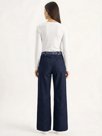 Kadın Saten Kemer Detaylı Wide Leg Denim Pantolon 7510 60283941 - Lacivert PANTOLON modelleri