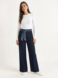 Kadın Saten Kemer Detaylı Wide Leg Denim Pantolon 7510 60283941 - Lacivert PANTOLON modelleri