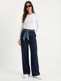 Kadın Saten Kemer Detaylı Wide Leg Denim Pantolon 7510 60283941 - Lacivert PANTOLON modelleri