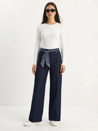 Kadın Saten Kemer Detaylı Wide Leg Denim Pantolon 7510 60283941 - Lacivert PANTOLON modelleri