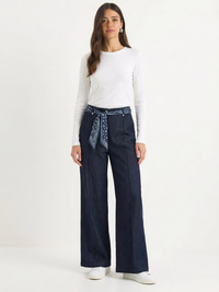 Kadın Saten Kemer Detaylı Wide Leg Denim Pantolon 7510 60283941 - Lacivert PANTOLON modelleri