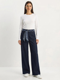Kadın Saten Kemer Detaylı Wide Leg Denim Pantolon 7510 60283941 - Lacivert PANTOLON modelleri