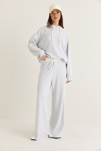 Kadın Şerit Detaylı Kapüşonlu Oversize Sweatshirt Bol Eşofman Altı Takım 4203 60286660 - Gri-Beyaz ALT - ÜST TAKIM modelleri