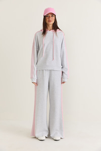 Kadın Şerit Detaylı Kapüşonlu Oversize Sweatshirt Bol Eşofman Altı Takım 4203 60286660 - Gri-Pembe ALT - ÜST TAKIM modelleri